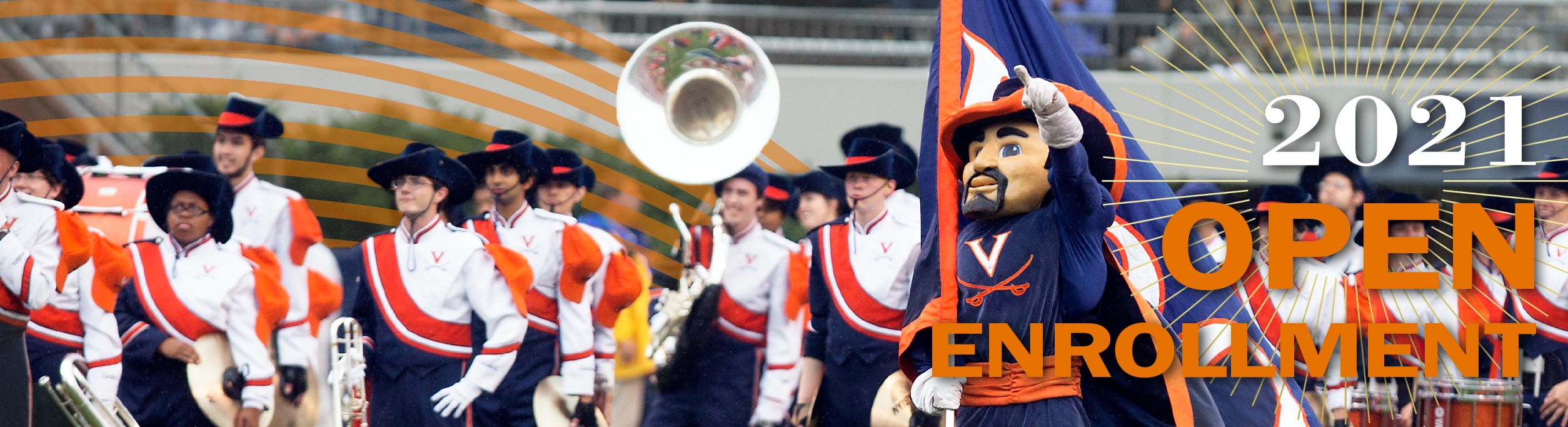 Cav Man at football game with marching band behind him