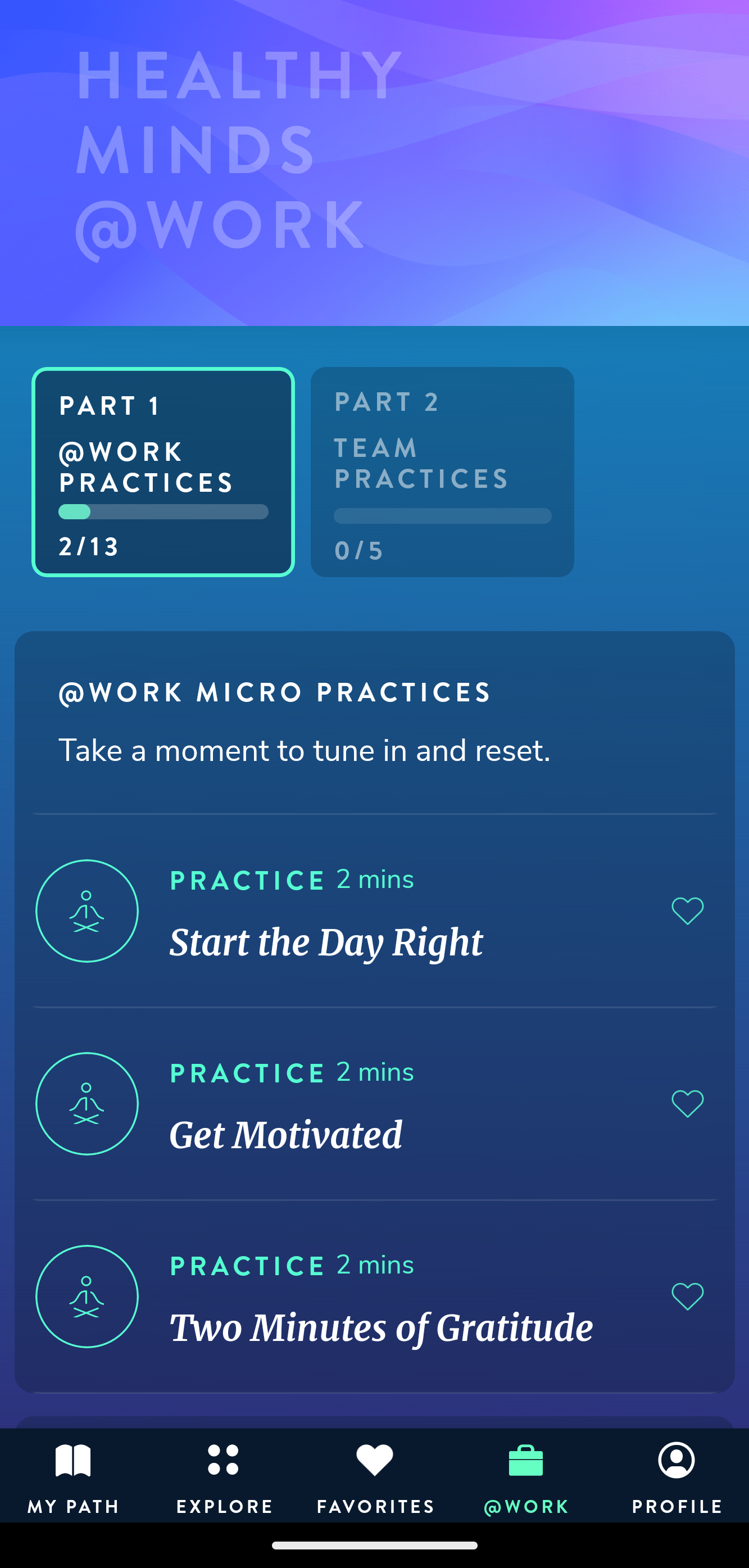 Healthy Minds at Work app home screen