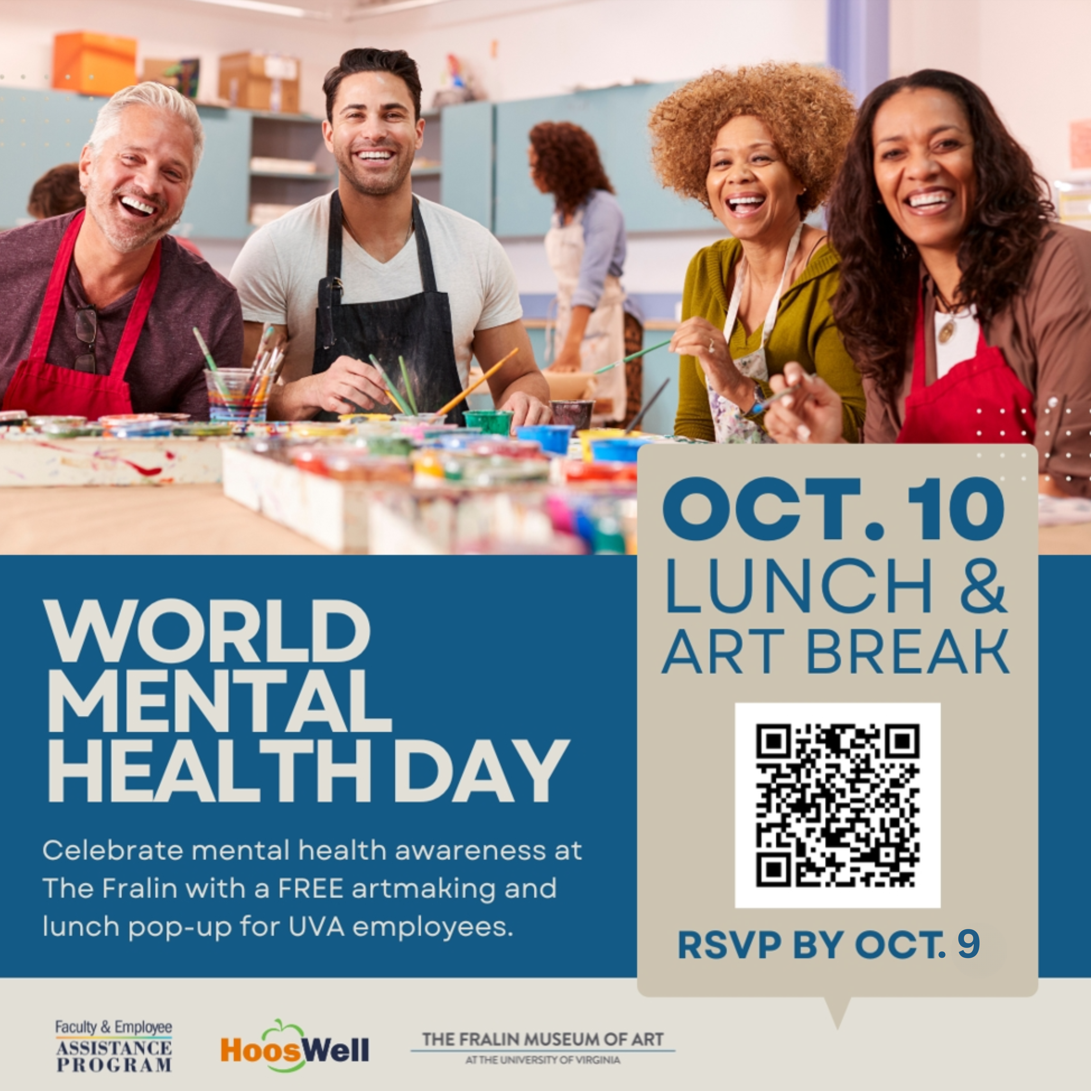 People painting with smiles on their face for flyer for the World Mental Health Day Paint and Lunch event.