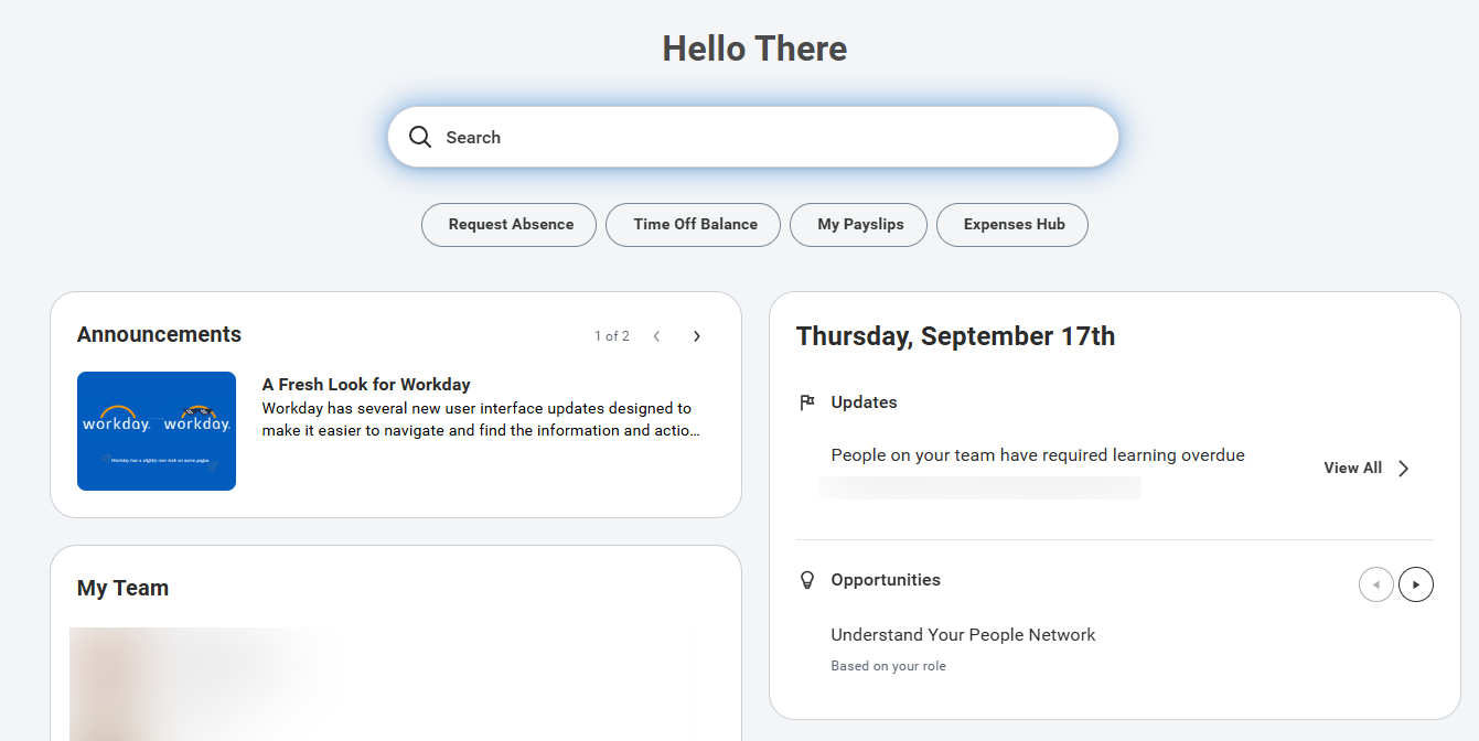 Updated Workday Home page showing Search, quick-access buttons, Announcements and My Team cards, and a panel with Updates and Opportunities.